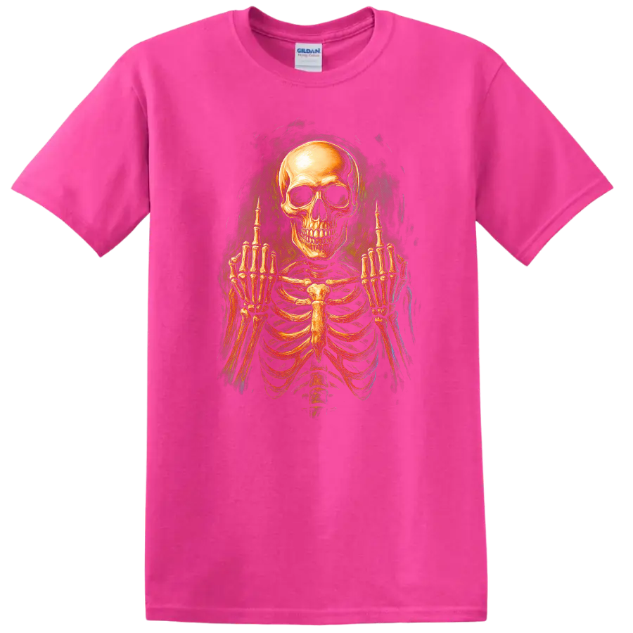 Vintage gothic skeleton skull and rib cage graphic with raised middle-finger hands on a Safety Pink T Shirt