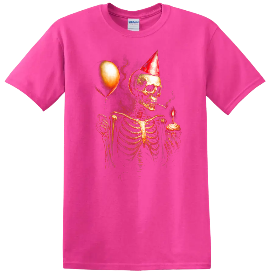 Vintage gothic skeleton in party hat holding a cupcake candle and balloon on a Safety Pink T Shirt