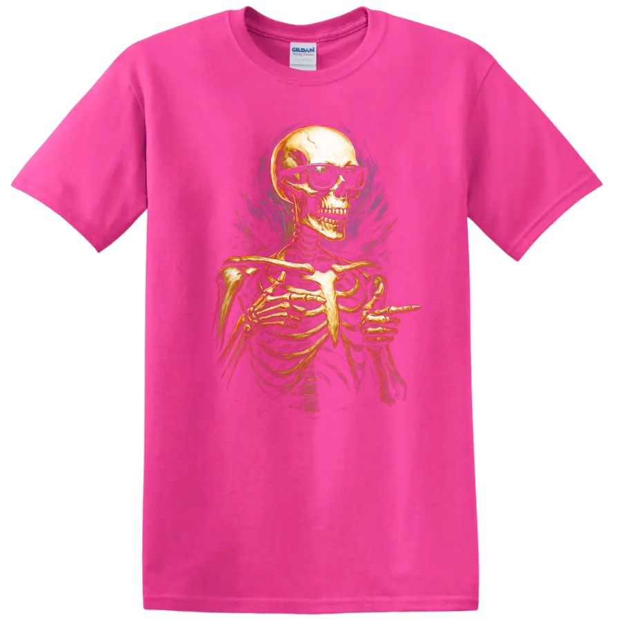 Vintage gothic skeleton in sunglasses pointing, with smoky teal flame-like artwork on a Safety Pink T Shirt