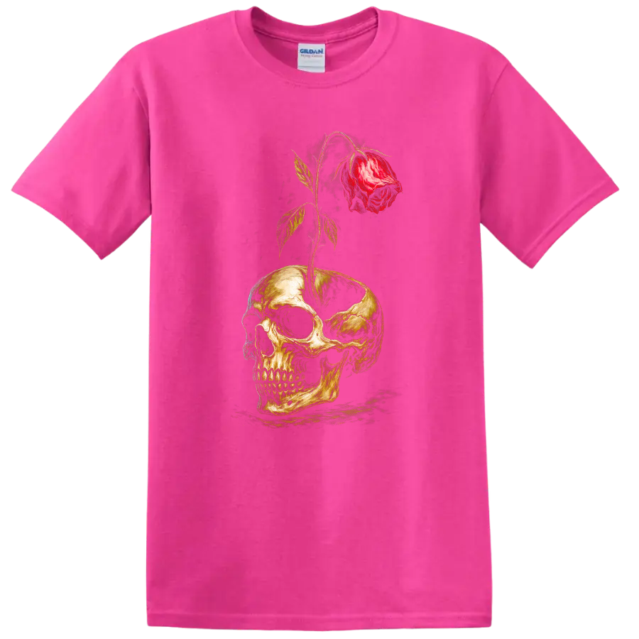 Vintage gothic skull graphic with a red rose growing through the top on a Safety Pink T Shirt
