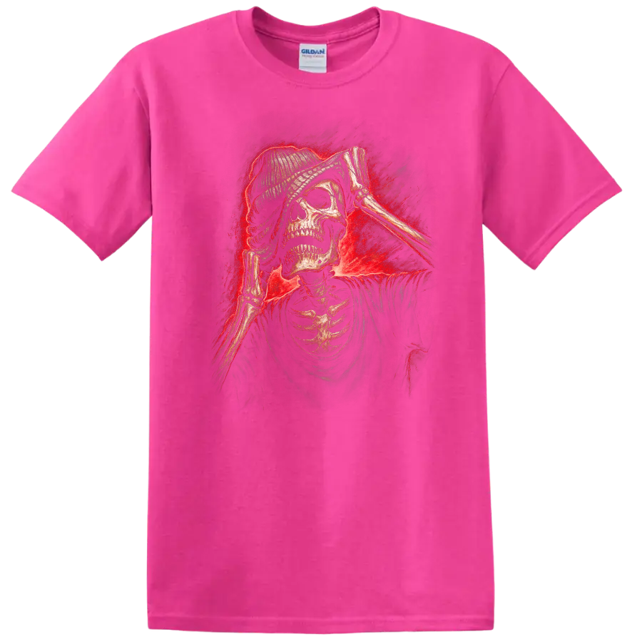 Vintage gothic skeleton skull in beanie with bony hands and red smoky glow on a Safety Pink T Shirt