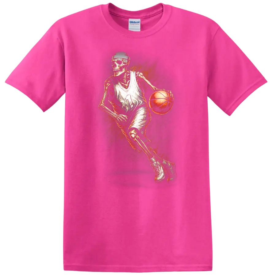 Vintage gothic skeleton basketball player dribbling with fiery orange artwork on a Safety Pink T Shirt
