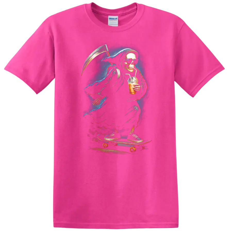 Vintage gothic Grim Reaper skeleton in sunglasses skating with a scythe and iced drink on a Safety Pink T Shirt