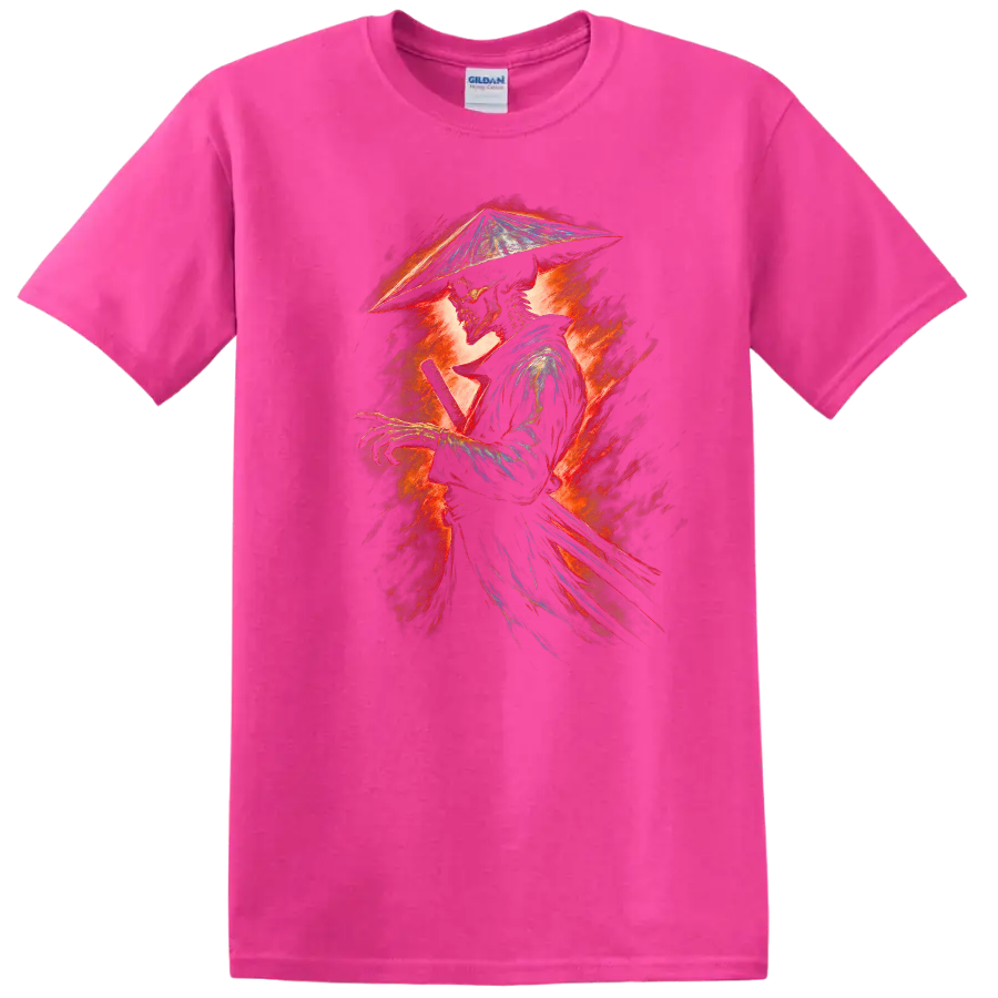Fiery vintage-style skeleton samurai swordsman graphic in a conical hat on a Safety Pink T Shirt