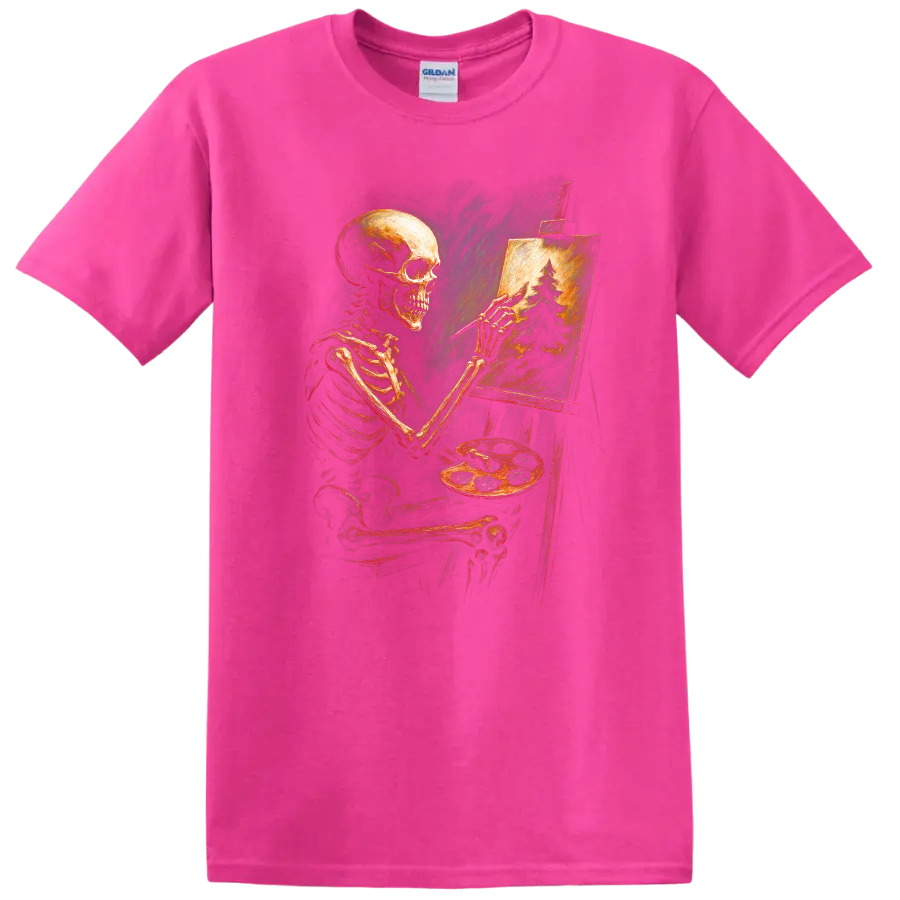 Vintage gothic skeleton artist painting an evergreen forest on an easel on a Safety Pink T Shirt