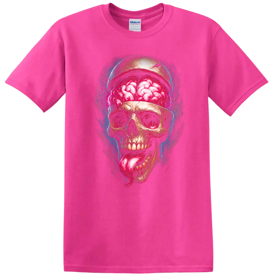 Exposed brain skull with pink tongue in vivid gothic horror illustration on a Safety Pink T Shirt
