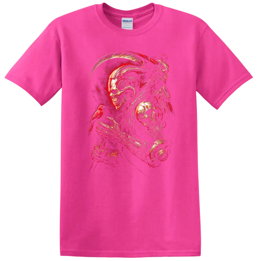 Mechanical skeleton reaper with skull armor, red bird, and fiery gothic art on a Safety Pink T Shirt
