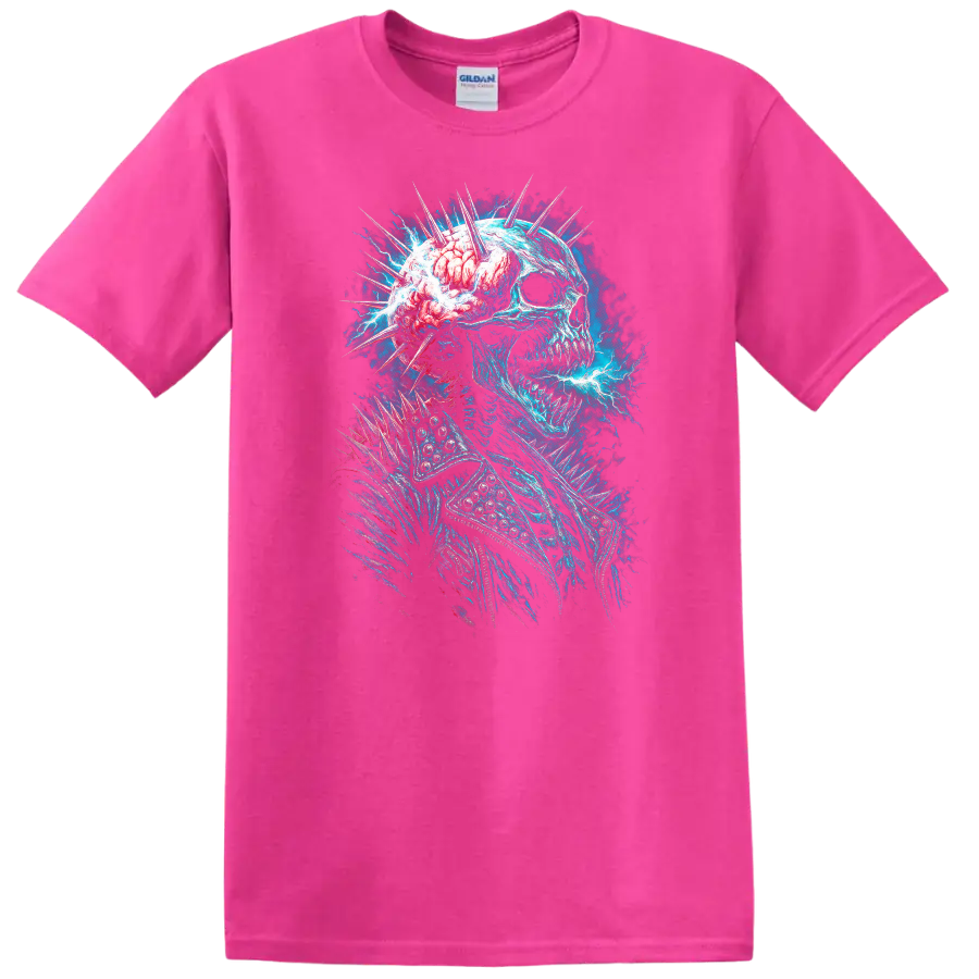 Electric blue skull with exposed brain, spikes, and gothic horror energy art on a Safety Pink T Shirt