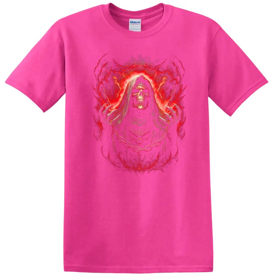 Hooded skull Grim Reaper in fiery red gothic horror artwork on a Safety Pink T Shirt