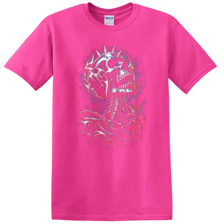 Spiked skeleton skull in distressed gothic horror art with smoky fiery accents on a Safety Pink T Shirt