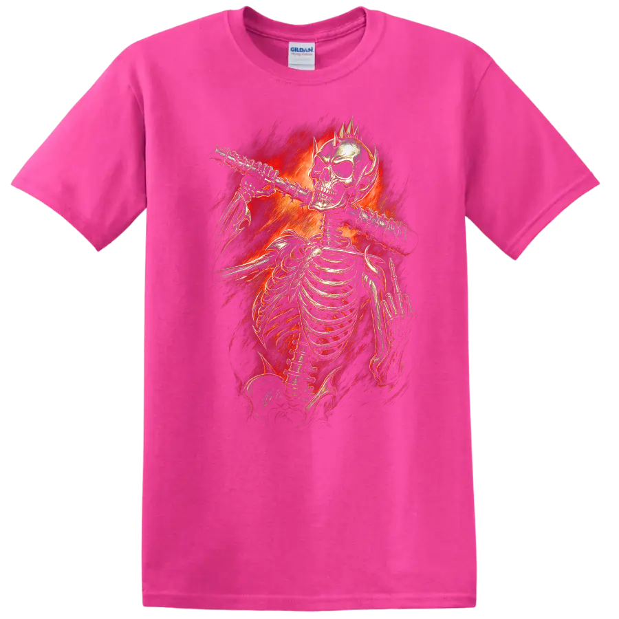 Vintage gothic skeleton playing flute amid fiery red flames on a Safety Pink T Shirt