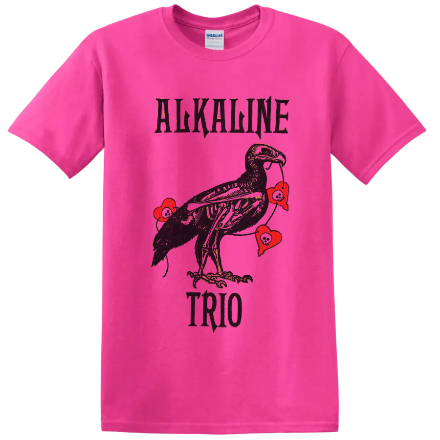 Alkaline Trio punk rock raven with red hearts graphic print on a Safety Pink T Shirt