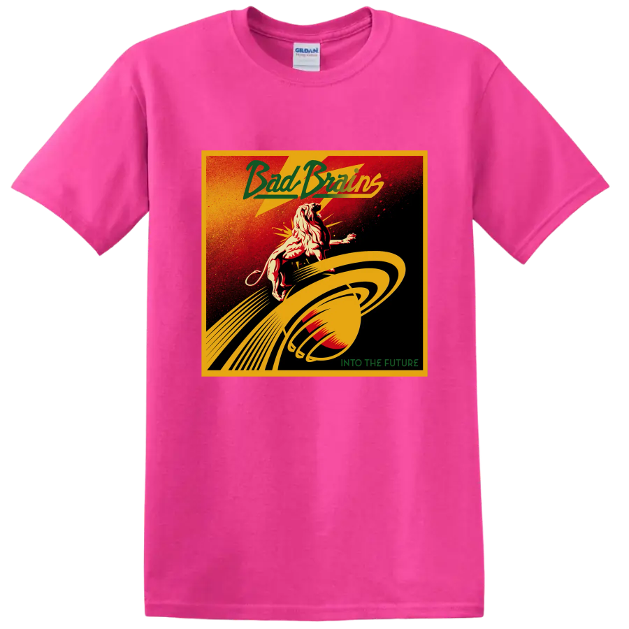 Bad Brains distressed punk rock lion and planetary rings Into the Future design on a Safety Pink T Shirt
