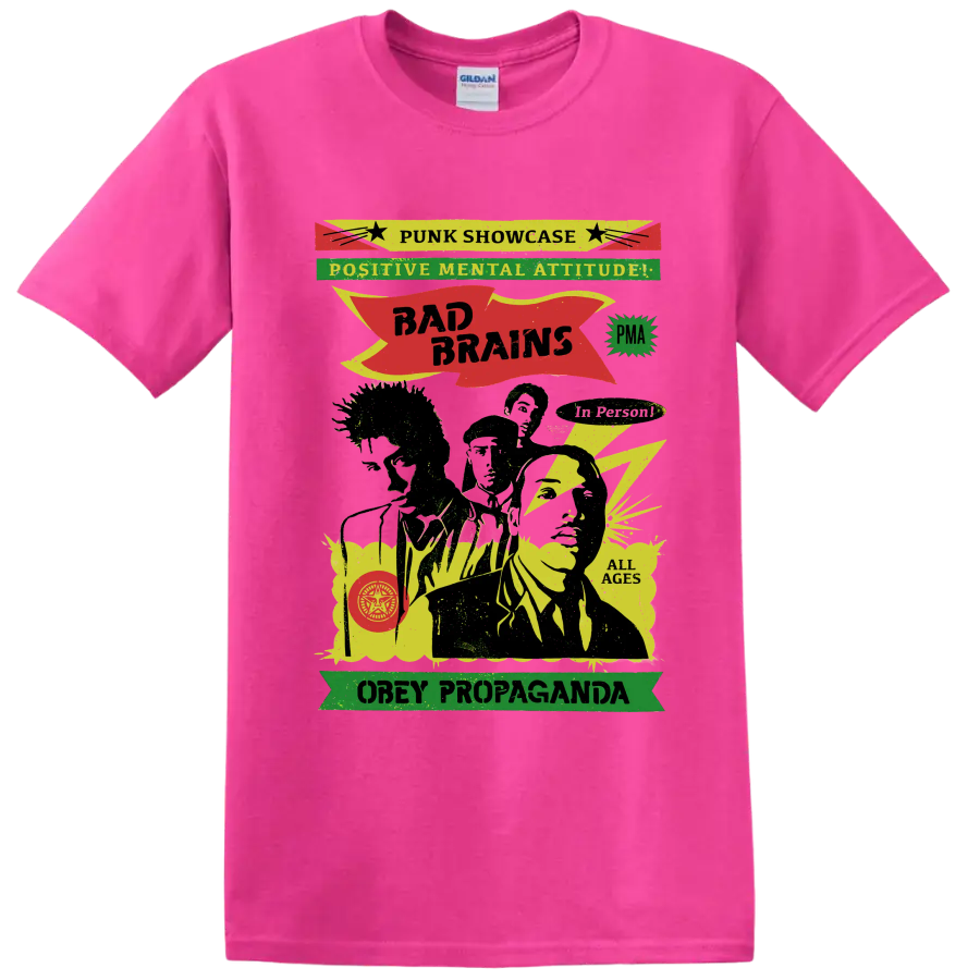 Bad Brains punk rock graphic with Positive Mental Attitude lettering on a Safety Pink T Shirt