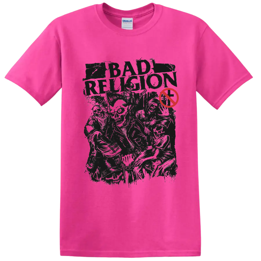 Bad Religion distressed punk rock graphic with red prohibition symbol on a Safety Pink T Shirt