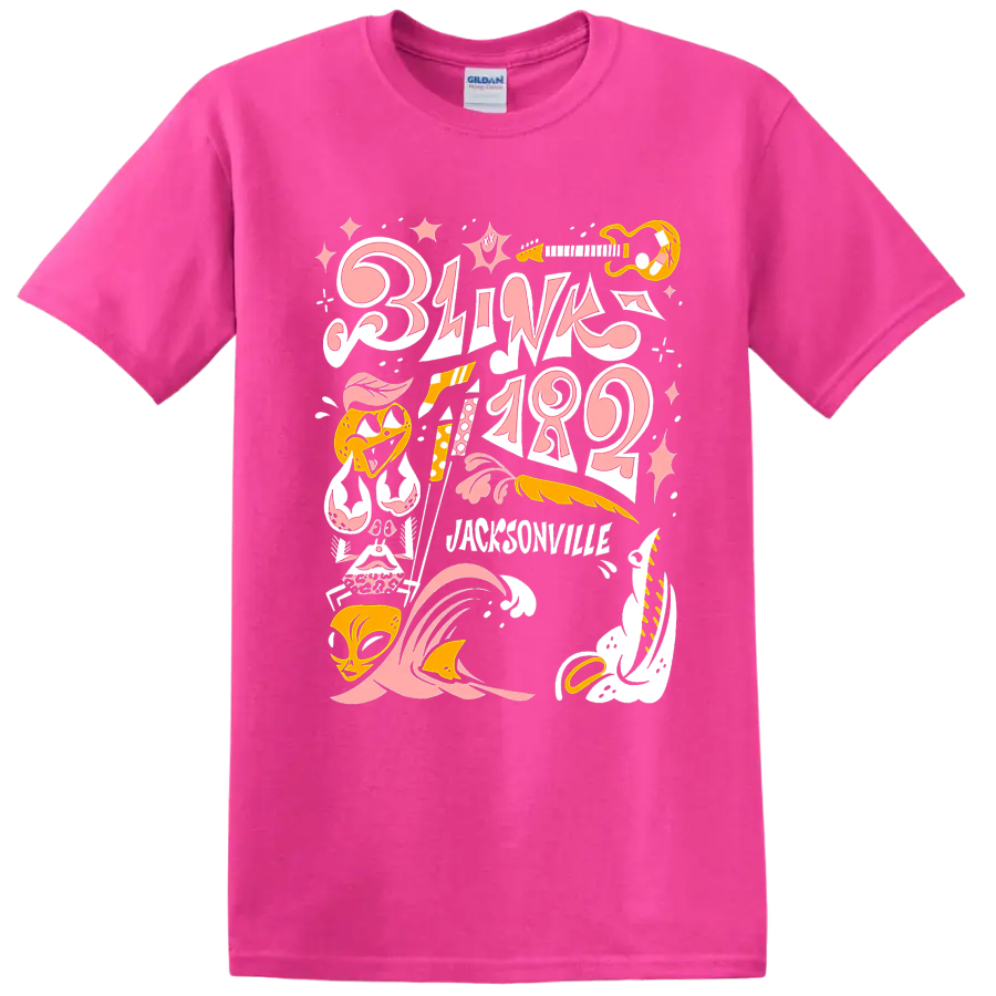 Blink-182 punk rock graphic print with pink lettering and yellow music accents on a Safety Pink T Shirt