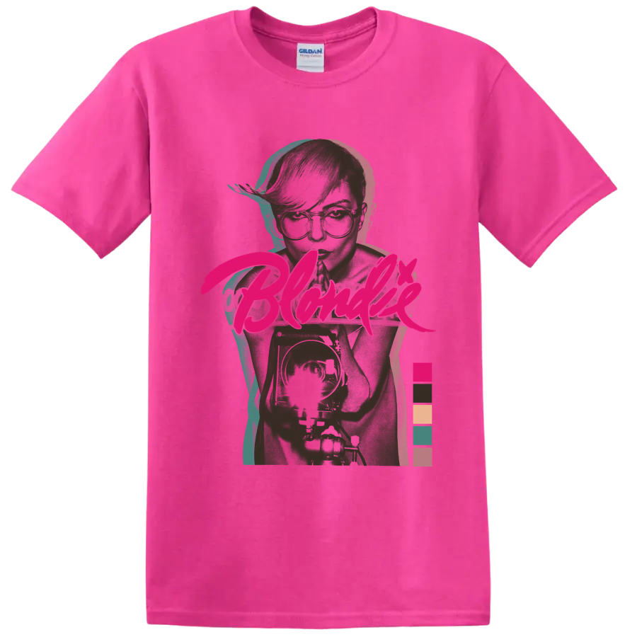 Blondie punk rock band portrait with bold pink script and colorful accents on a Safety Pink T Shirt