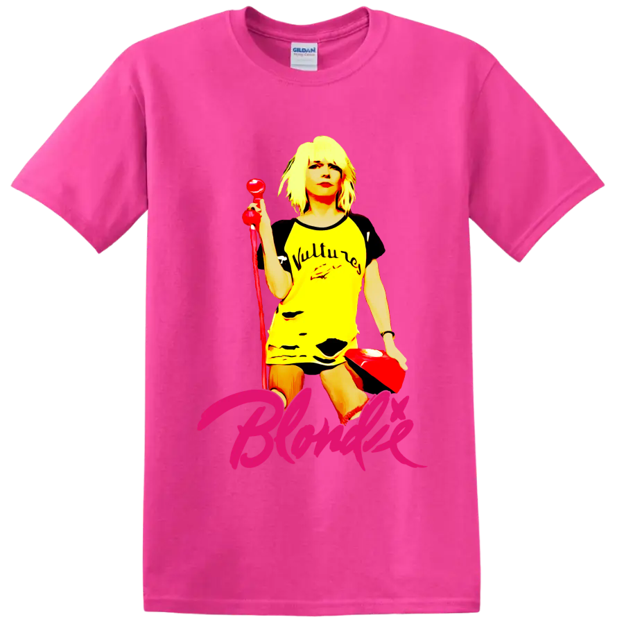 Blondie punk rock vocalist graphic with red microphone and pink script lettering on a Safety Pink T Shirt