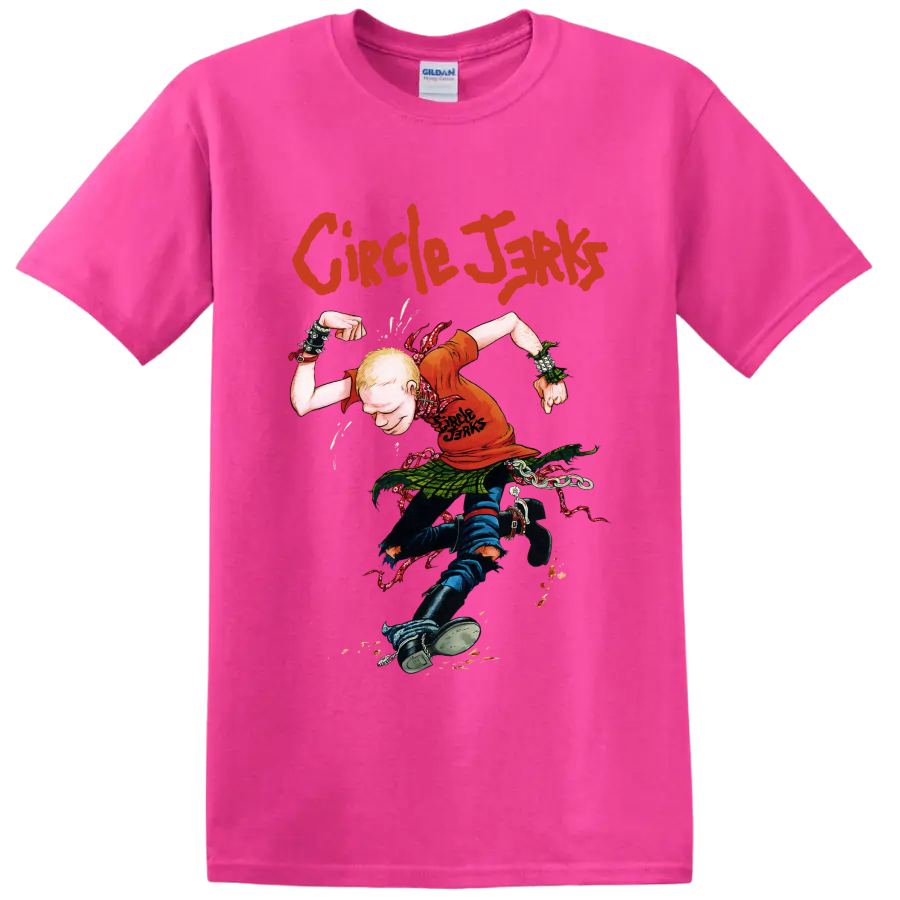 Circle Jerks punk rock graphic with illustrated figure and distressed lettering on a Safety Pink T Shirt