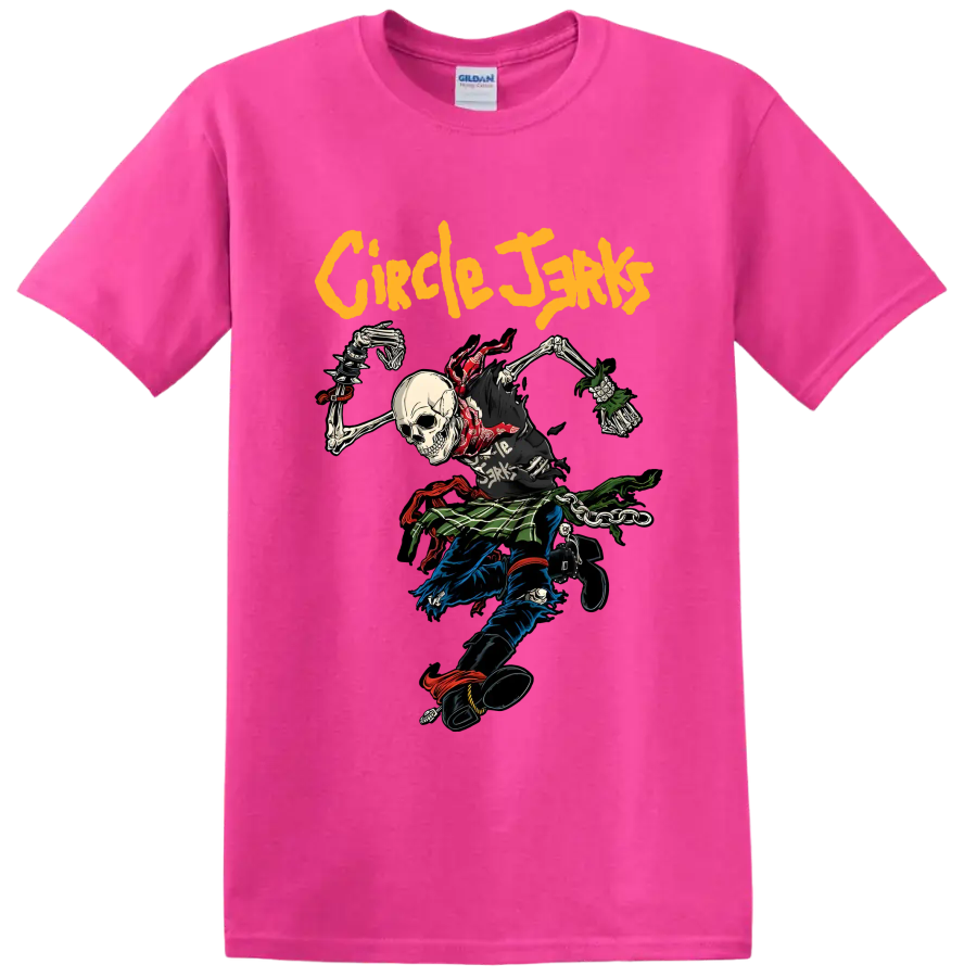 Circle Jerks punk rock skeleton graphic with bold yellow lettering on a Safety Pink T Shirt