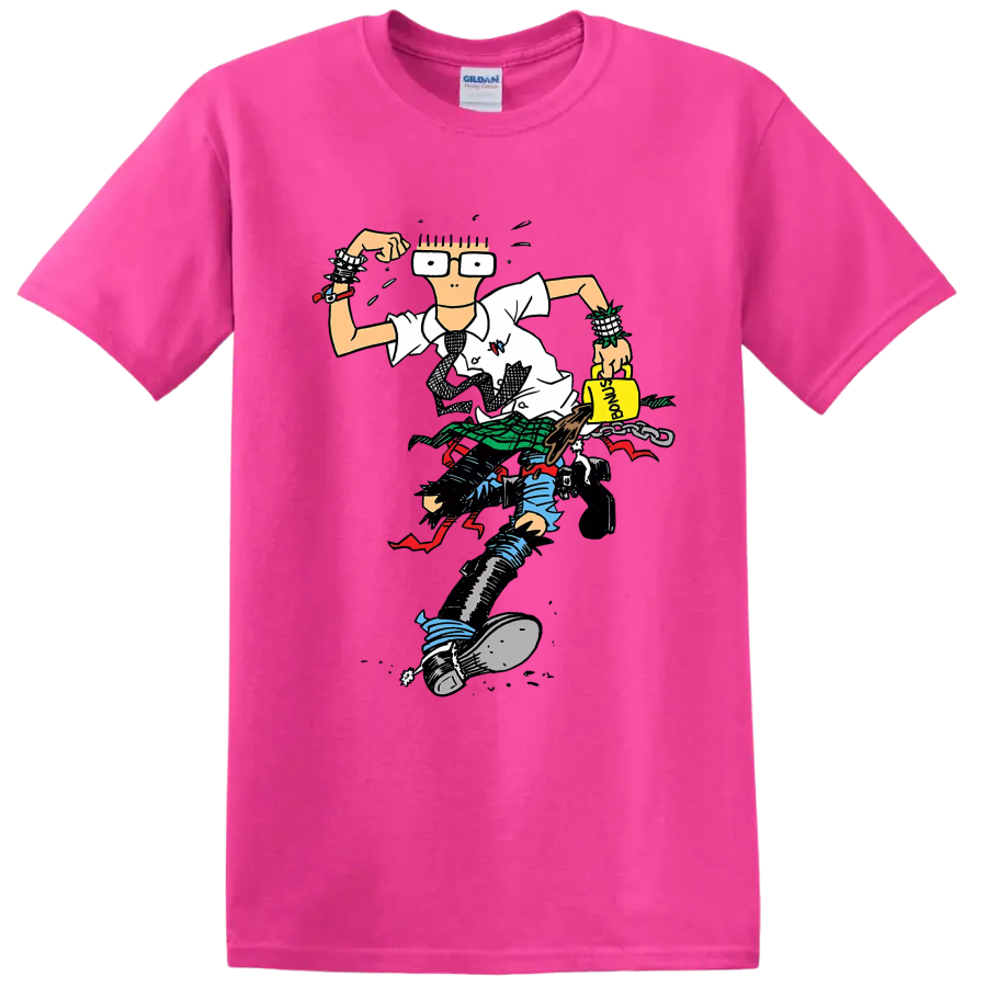 Descendents punk rock character illustration with oversized glasses and plaid details on a Safety Pink T Shirt