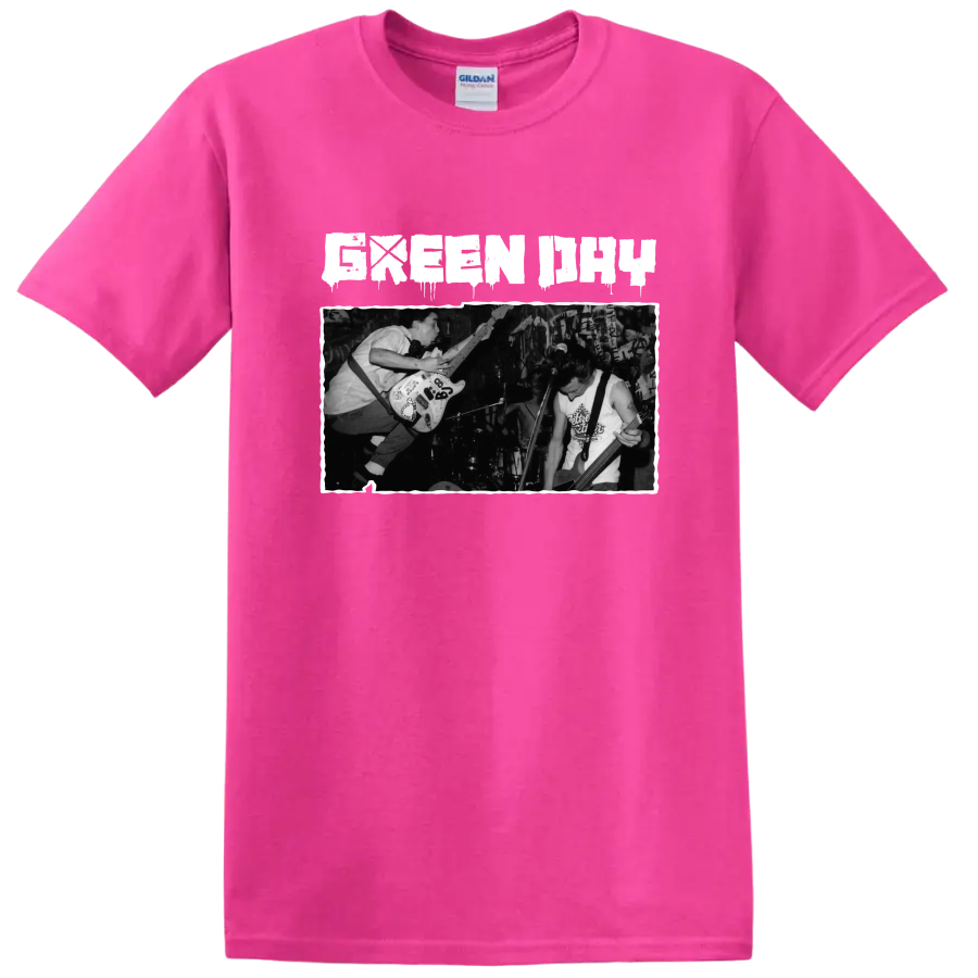 Green Day punk rock live performance graphic with guitarists on stage on a Safety Pink T Shirt