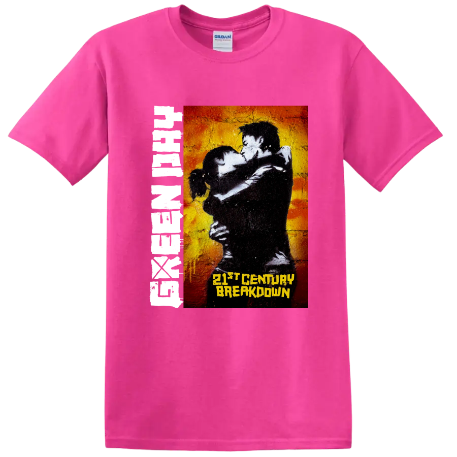 Green Day 21st Century Breakdown punk rock graphic with embracing couple on a Safety Pink T Shirt