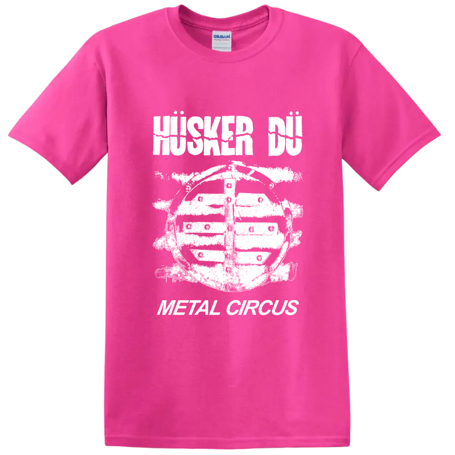 Husker Du punk rock graphic with bold band lettering and illustrated figure on a Safety Pink T Shirt