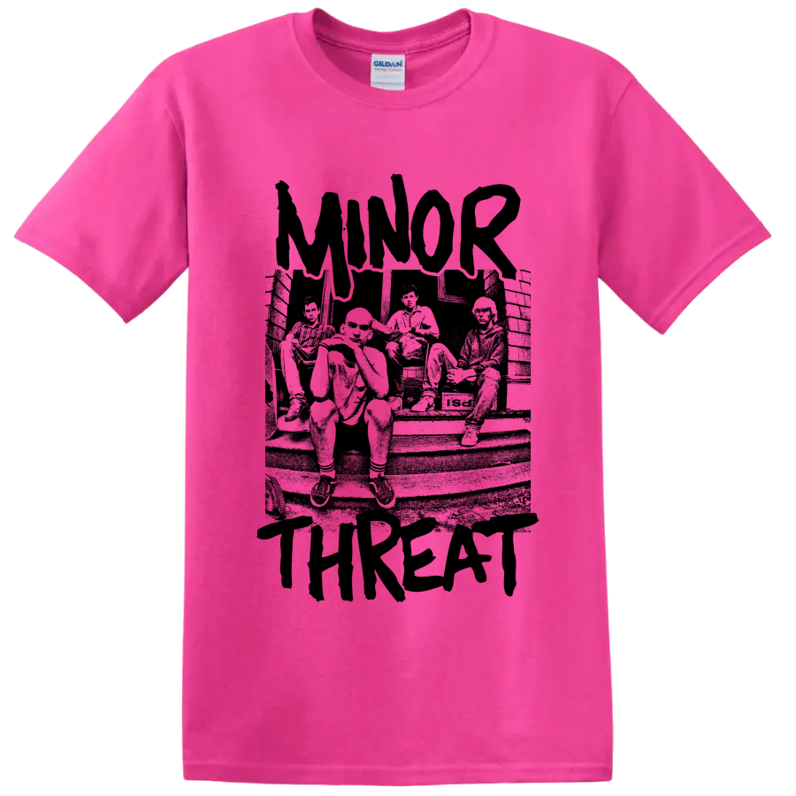 Minor Threat hardcore punk band graphic print on a Safety Pink T Shirt