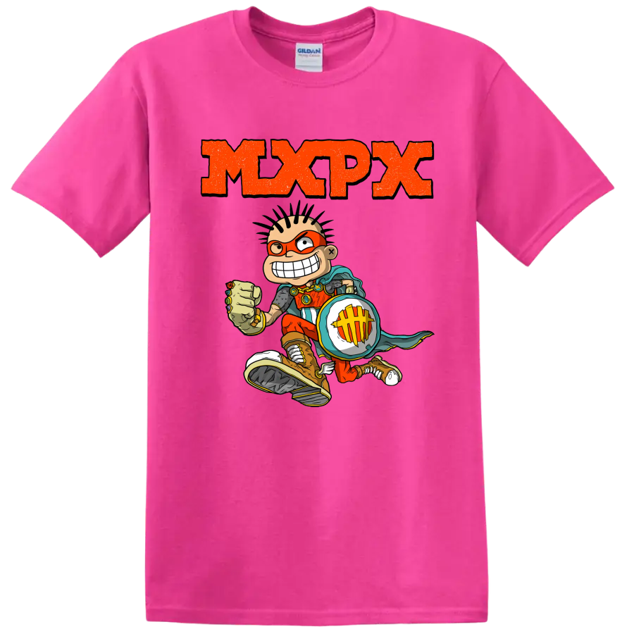 MxPx punk rock graphic with comic skateboarder and distressed orange lettering on a Safety Pink T Shirt