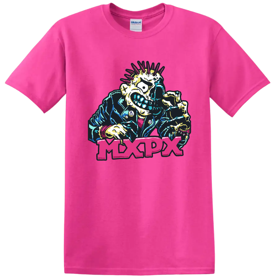MxPx punk rock mohawked skeleton graphic with bold pink lettering on a Safety Pink T Shirt