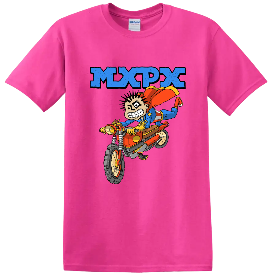 MxPx punk rock cartoon rider on dirt bike graphic on a Safety Pink T Shirt
