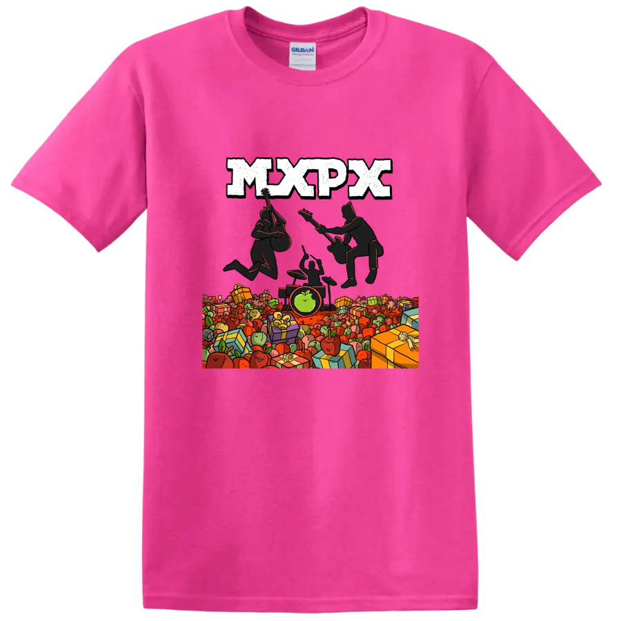 MxPx punk rock graphic with musicians, apples, and wrapped gifts on a Safety Pink T Shirt