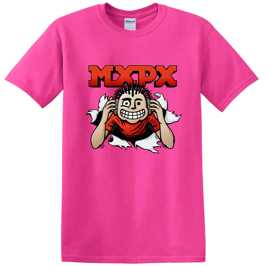 MxPx punk rock graphic with distressed lettering and grinning mohawk character on a Safety Pink T Shirt
