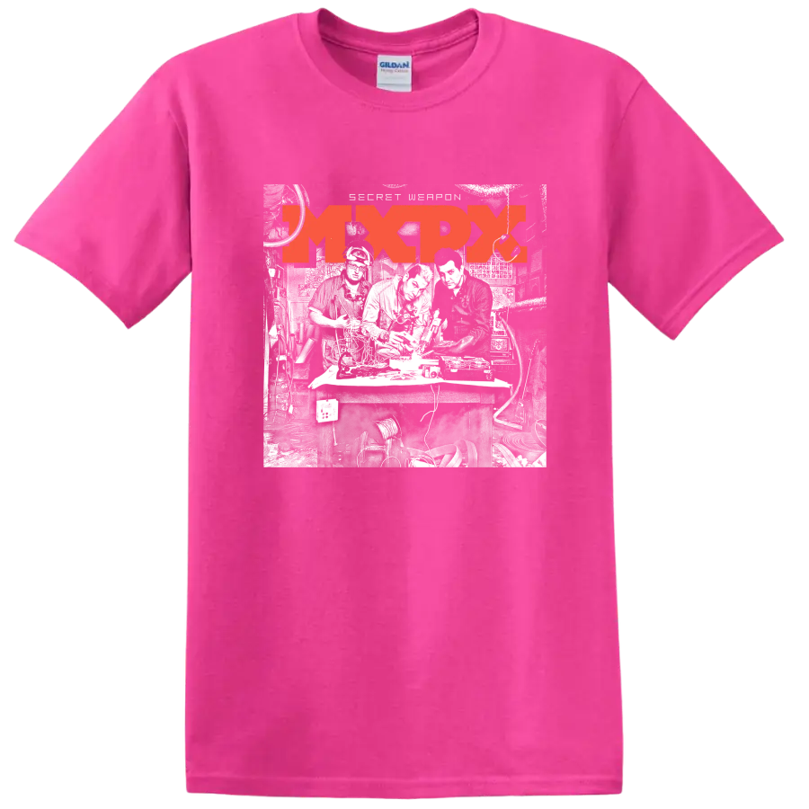 Distressed red MxPx punk rock band logo graphic on a Safety Pink T Shirt