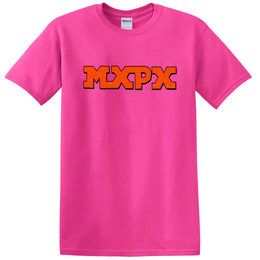 MxPx distressed punk rock band logo graphic on a Safety Pink T Shirt