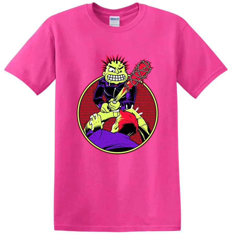 MxPx punk rock character with barbed wire bat graphic on a Safety Pink T Shirt