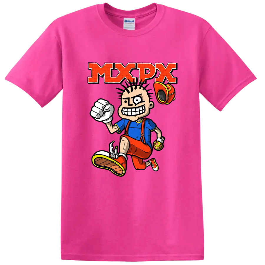 MxPx punk rock cartoon skateboarder graphic with bold red lettering on a Safety Pink T Shirt