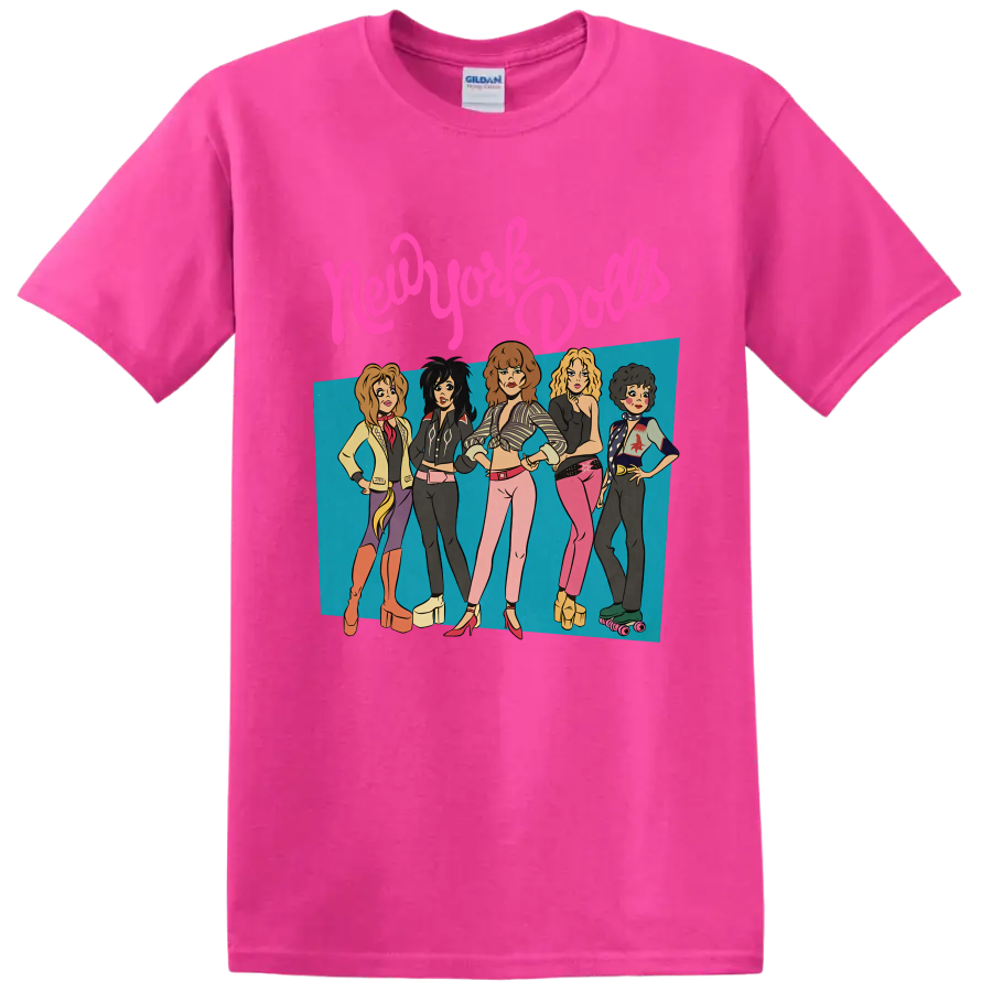 New York Dolls punk rock band graphic with five performers and pink lettering on a Safety Pink T Shirt