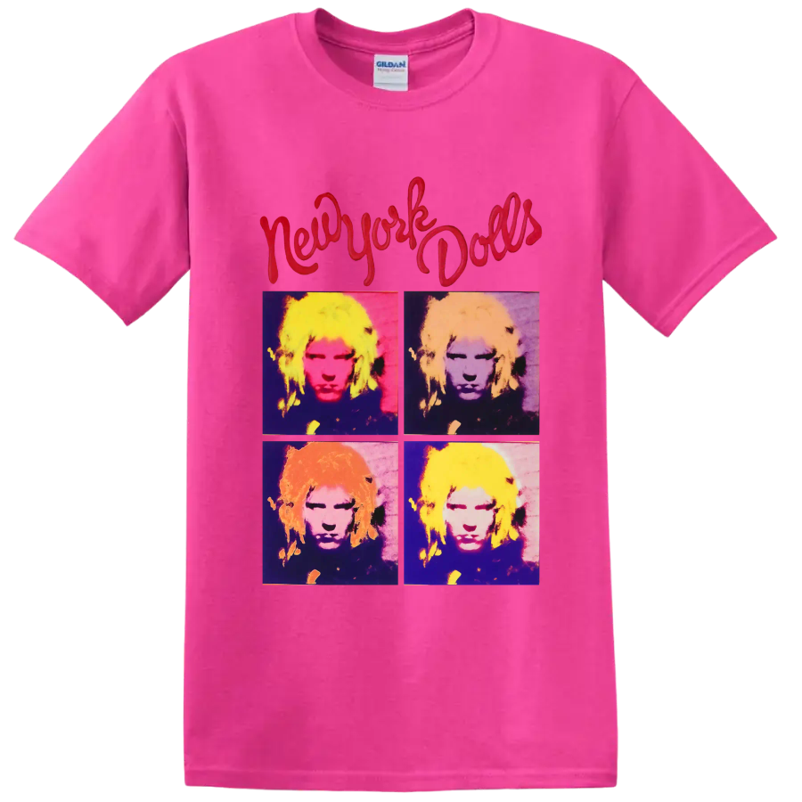 New York Dolls four-panel pop art portrait with red script lettering on a Safety Pink T Shirt