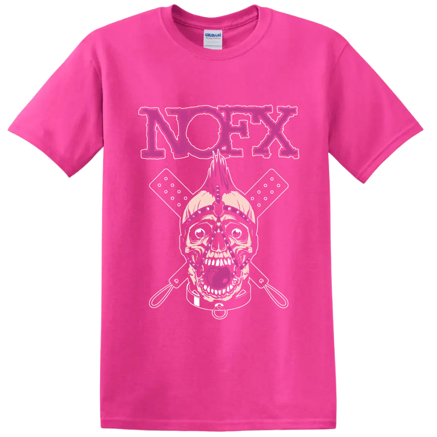 NOFX punk rock skull graphic with magenta lettering and crossed elements on a Safety Pink T Shirt