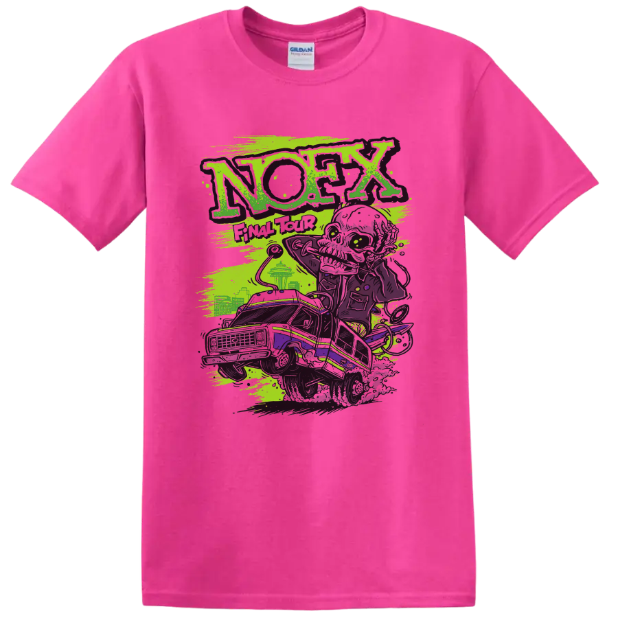 NOFX punk rock lowrider graphic with distressed neon green and purple artwork on a Safety Pink T Shirt