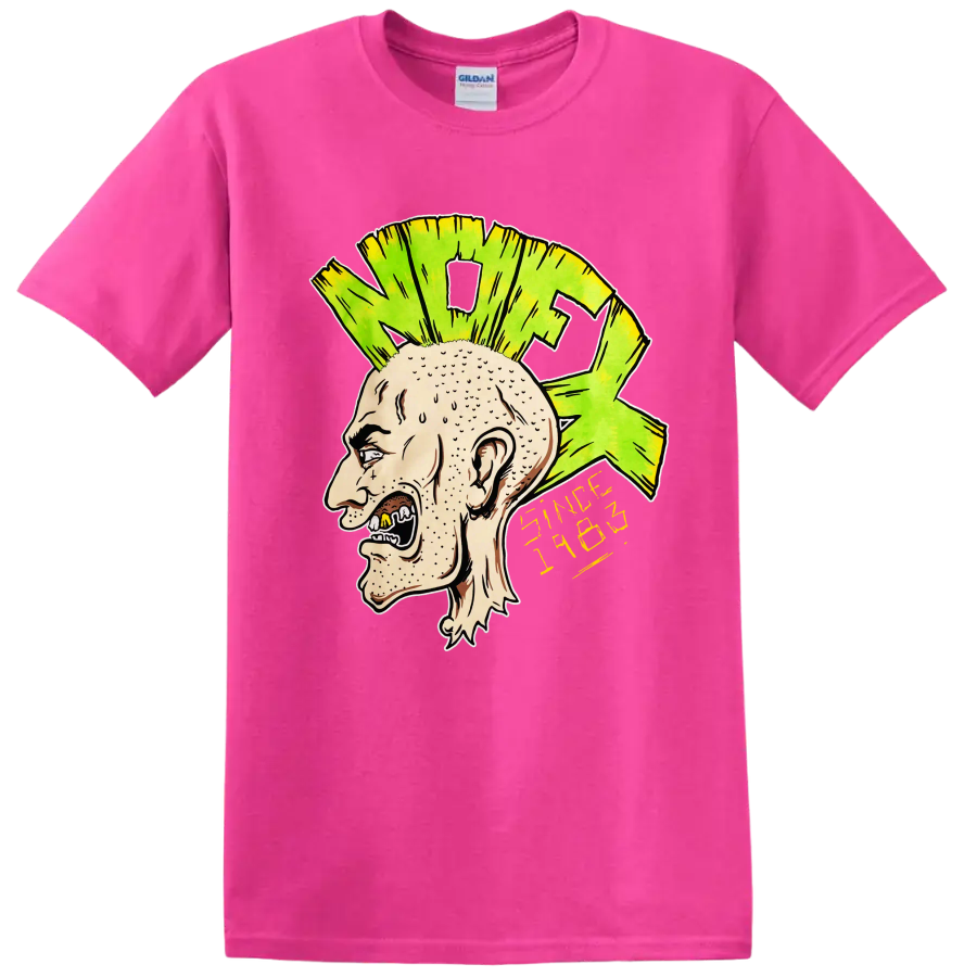 NOFX punk rock illustrated head with bright green mohawk and yellow lettering on a Safety Pink T Shirt
