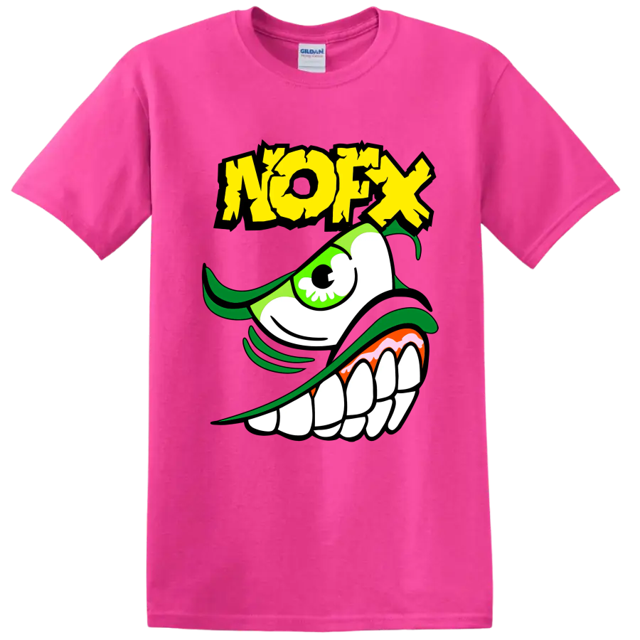 NOFX green monster punk rock graphic with distressed yellow lettering on a Safety Pink T Shirt