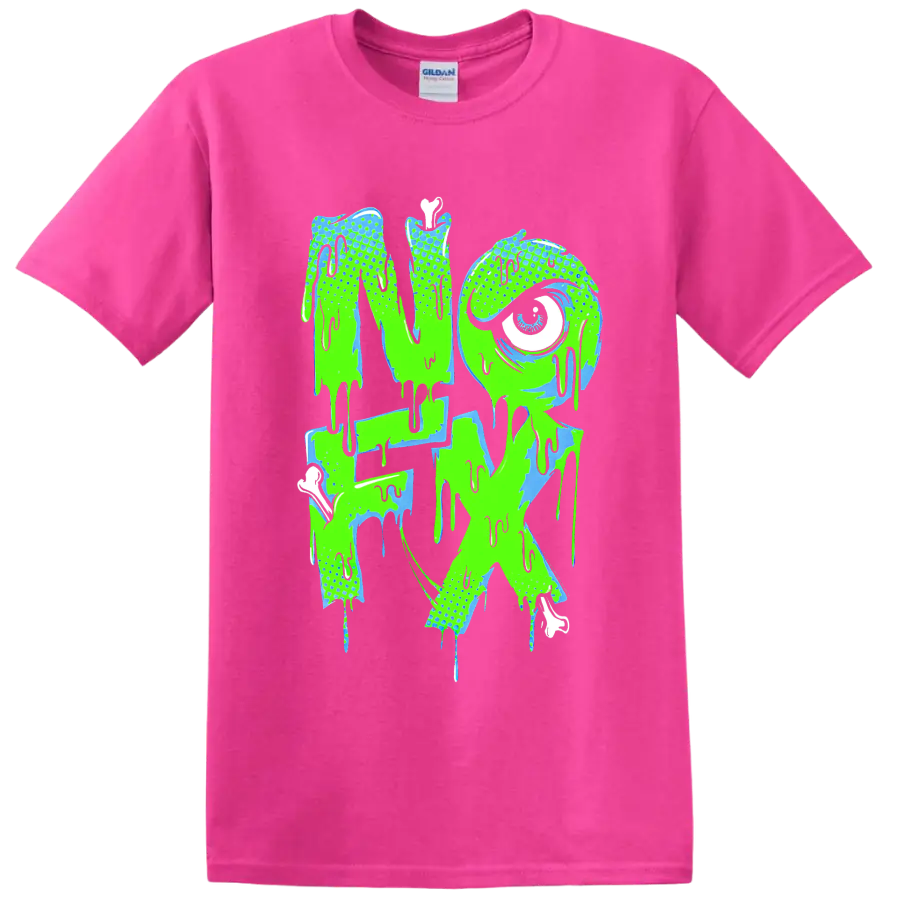 NOFX dripping punk rock band logo in neon green and blue on a Safety Pink T Shirt