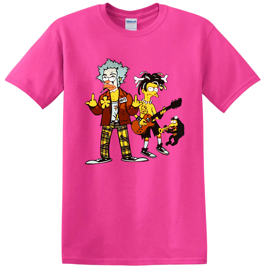 NOFX cartoon punk rock band with guitar and saxophone graphic on a Safety Pink T Shirt