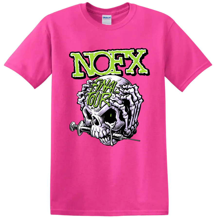 NOFX punk rock skull graphic with distressed green lettering on a Safety Pink T Shirt