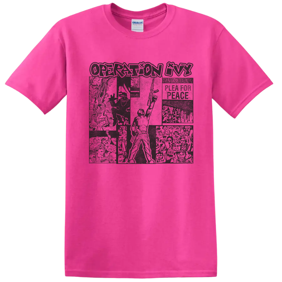 Operation Ivy distressed punk rock collage graphic on a Safety Pink T Shirt