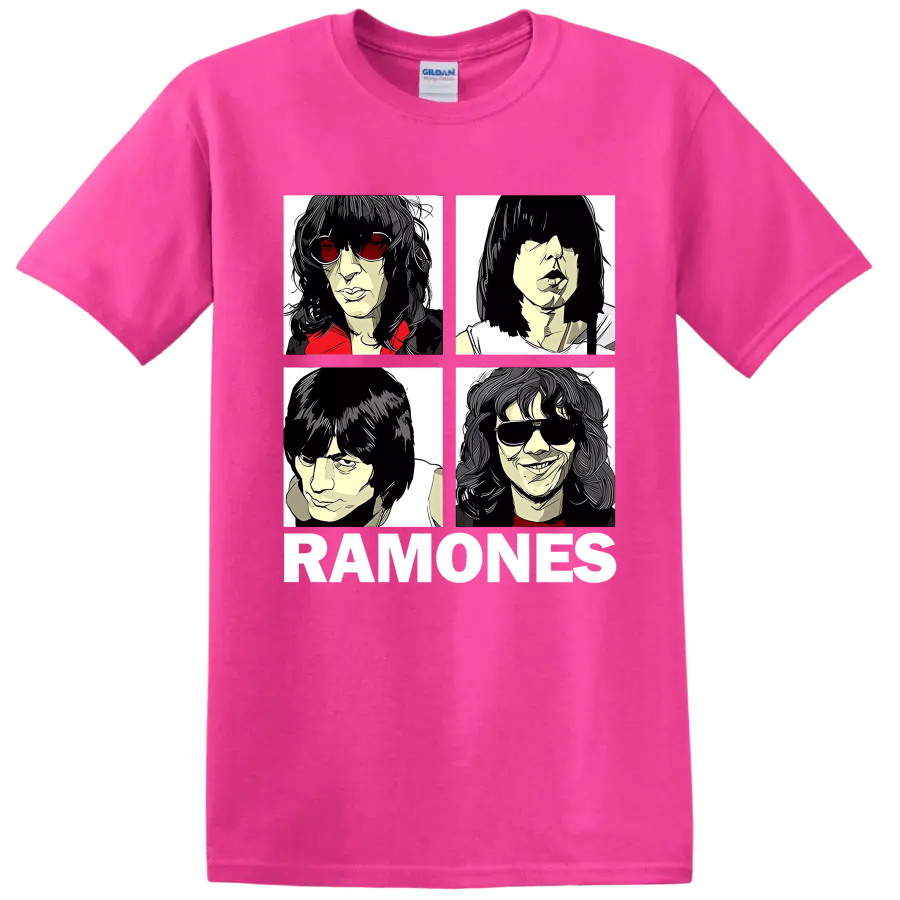 Ramones four-panel punk rock portraits with RAMONES lettering on a Safety Pink T Shirt