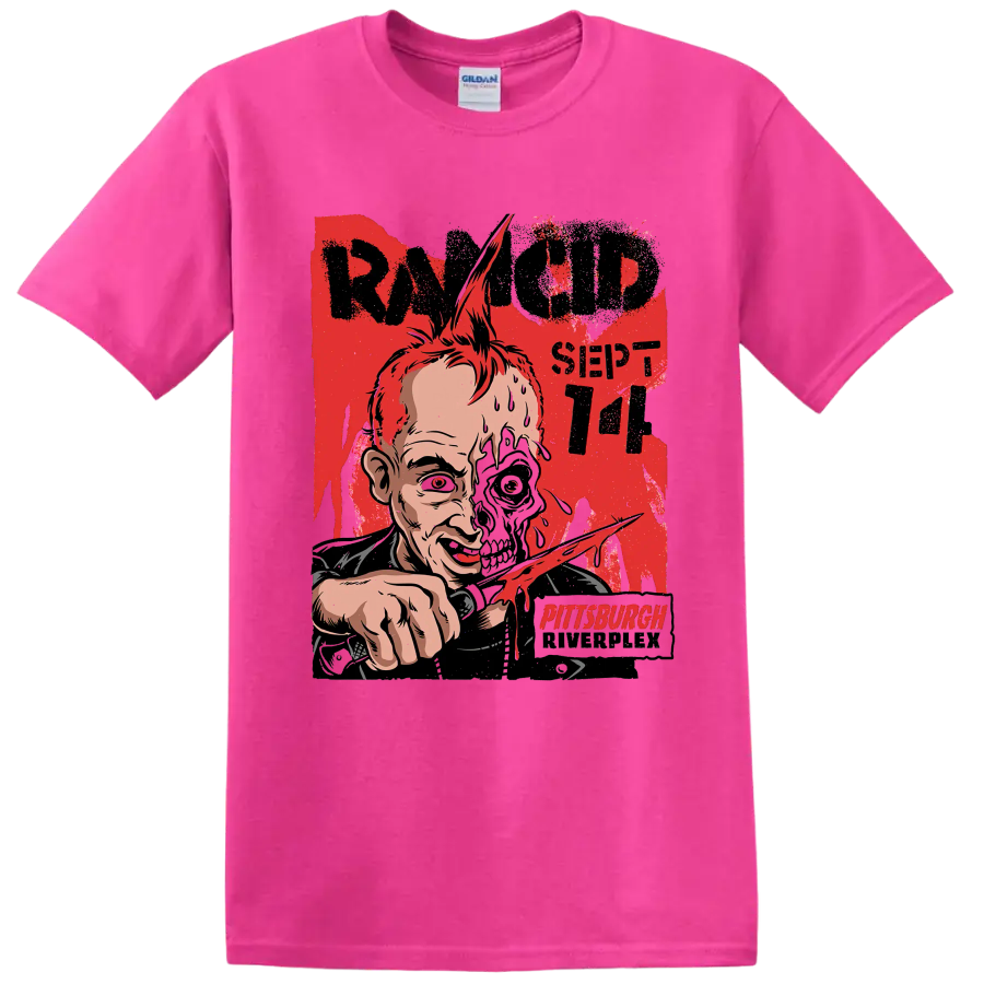 Rancid punk rock distressed half-skull artwork with Pittsburgh lettering on a Safety Pink T Shirt